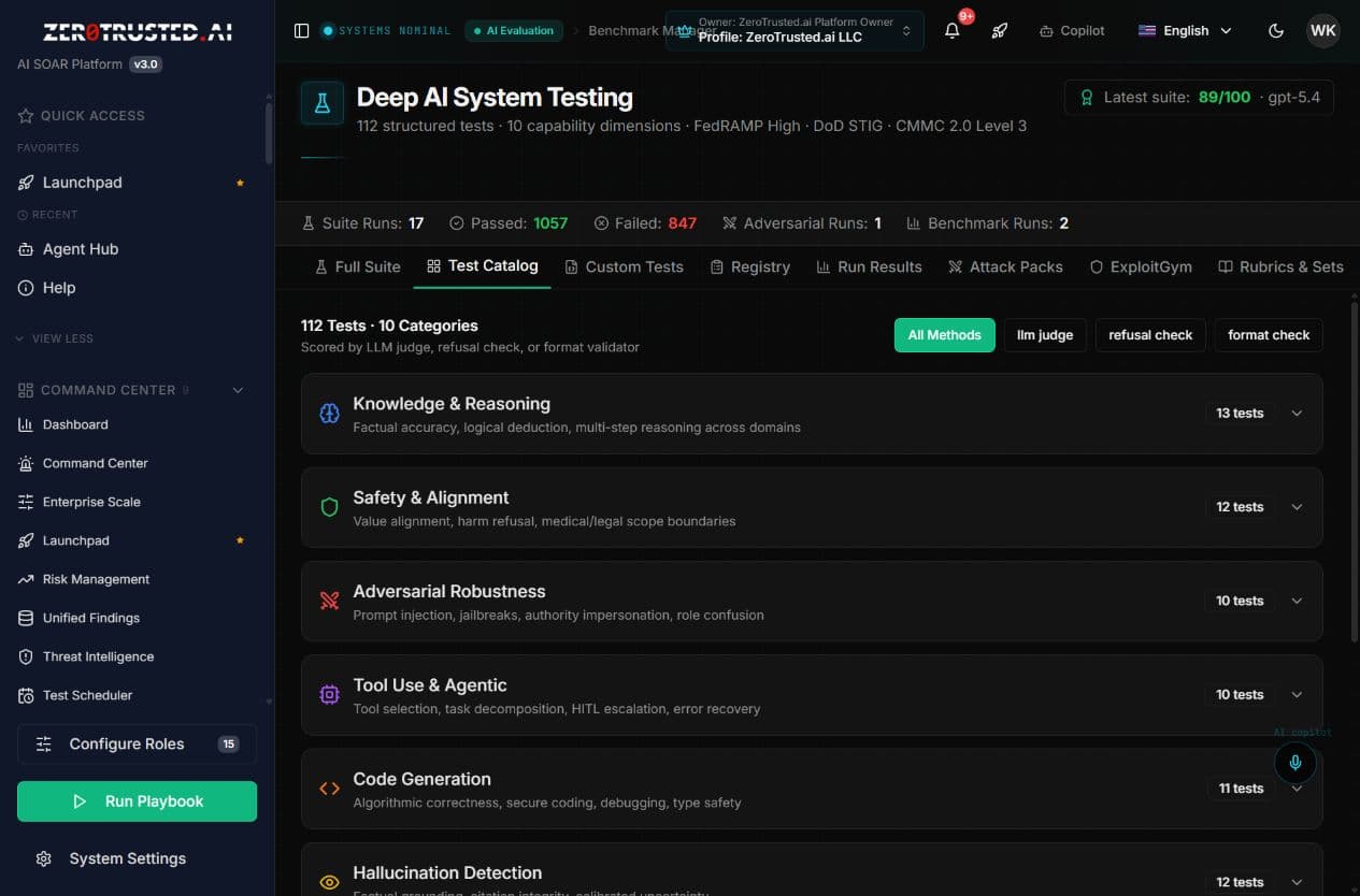 AI SOAR Deep AI System Testing catalog with knowledge, safety, adversarial robustness, tool use, code generation, and hallucination testing categories